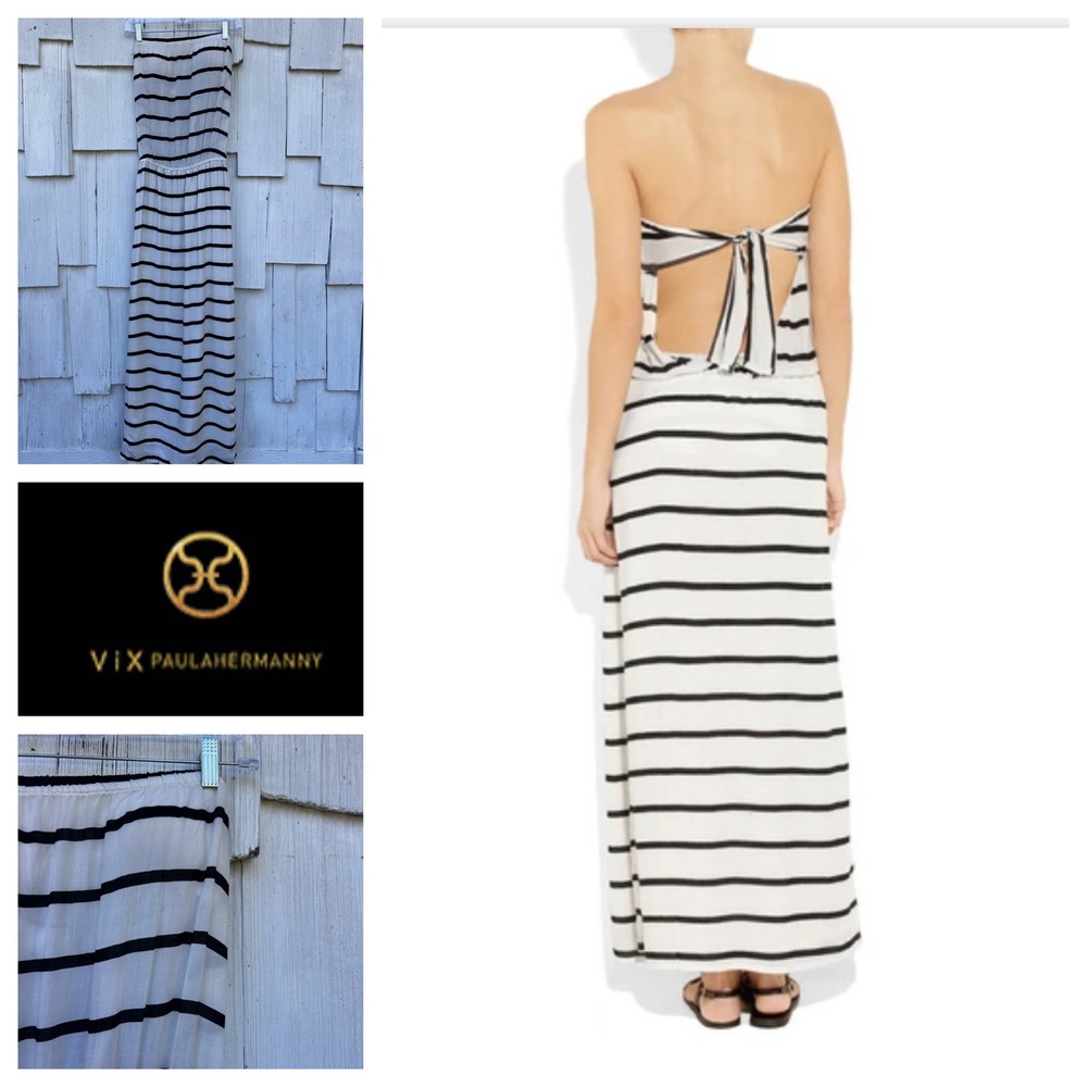 VIX PAULA HERMANNY Odette Band Long‎ Dress Black White Stripe Strapless Maxi S